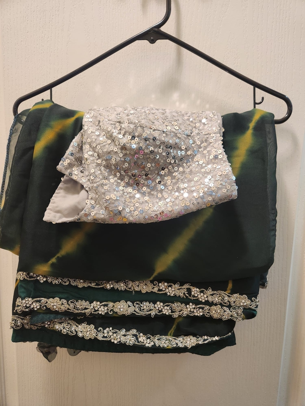 Embellished Dark Green Tie-Dye Sari with Silver Sequin Blouse